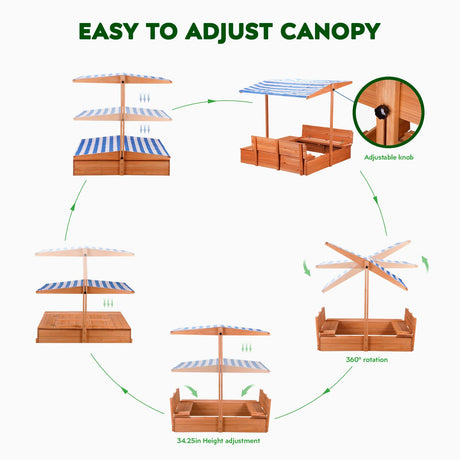 Kids Wooden Outdoor Sandbox with Cover，Sand Boxes with Canopy and Foldable Storage Bench Seats, Sand Table with Protection Bottom Liner,Kids Play Equipment for Outdoor(47X47Inch Agitree