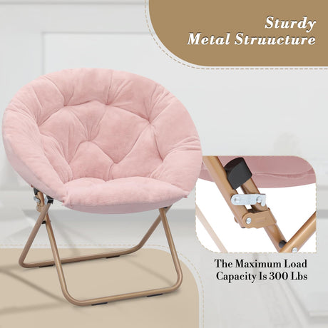 Athena Collection Comfy Saucer Chair Folding Cozy Chair for Bed Room Living Room Accent Chair Faux Fur Reading Chair Foldable Metal Frame Lazy Chair Moon Chair for Adult, Pink Athena Collection