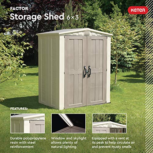 Keter Factor 6x3 Outdoor Storage Shed Kit-Perfect to Store Patio Furniture, Garden Tools Bike Accessories, Beach Chairs and Push Lawn Mower, Taupe & Brown Keter