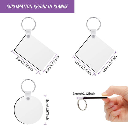 Coolrunner Sublimation Blank Keychain 30PCS Heat Transfer Keychain Double-Side Printed DIY MDF Blank Keychain （Square, Round, Rectangle）