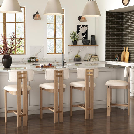 26" Farmhouse Bar Stools Set of 4, Modern Armless Counter Height Kitchen Stools, Linen Upholstered Bar Chairs with Natural Wooden Legs, French Country Stools for Kitchen Island, Beige WAHSON OFFICE CHAIRS