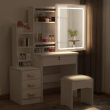 Vanity Desk With Mirror and LED Lights,Small Vanity With 4 Storage Drawers and Cushioned Stool,White Makeup Vanity Desk Set With Extra Large Sliding LED Mirror,3 Lighting Modes,Brightness Adjustable WIIS' IDEA