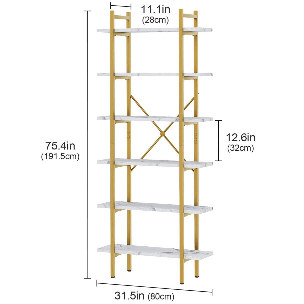 Azheruol 6 Tiers Bookshelf Organizer White Faux Marble Shelf,Modern Open Display Storage Bookcase, and Metal Bookshelf Standing Storage Shelf Tall Shelving Units for Home Office Study Azheruol