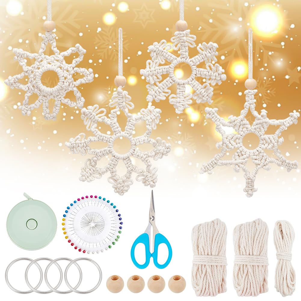 ACRNIGHEET Snowflake Christmas Macrame Kit 4PCS Boho Wall Hanging Decoration for Winter DIY Snow Macrame Kit for Adults Beginners with Step by Step Instructions ACRNIGHEET