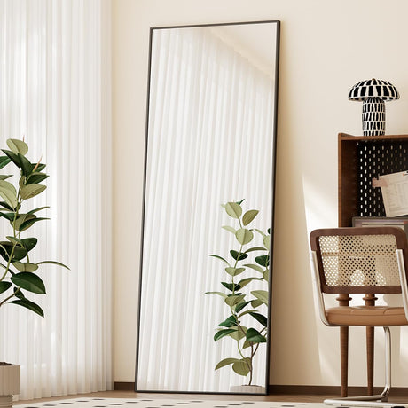 BEAUTYPEAK Full Length Mirror with Stand, 56"x21" Floor Mirror with Aluminum Alloy Thin Frame, ShatterVue Tempered Full Body Mirrors, Free Standing or Wall-Mounted Mirrors for Living Room, Black BEAUTYPEAK