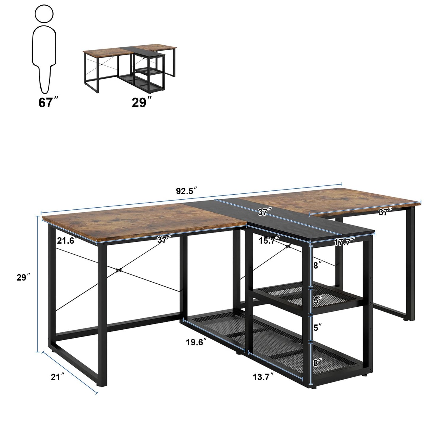 Natwind Two Person Desk with Storage Shelves, 92.5" Double Computer Desk with PC case Stand for Home Office, Home Craft Table Workstation, Heat Press Table, Long Gaming Desk,Retro - WoodArtSupply