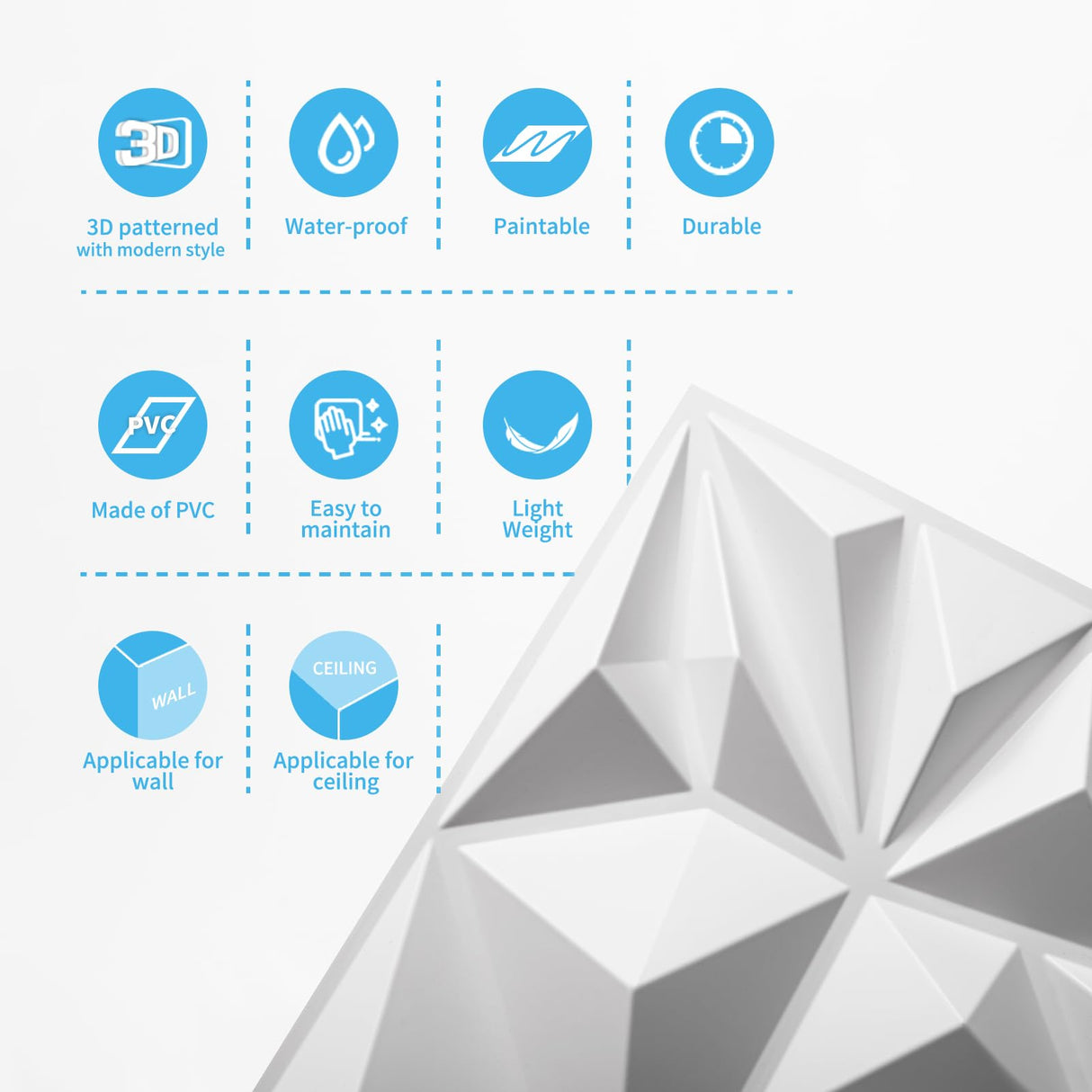 Art3d 33-Pack 3D Wall Panels for Interior Wall Decor, Modern Diamond Textured Accent Wall Paneling for Gaming Living Room TV Wall Background, 12 x 12 inch White Art3d