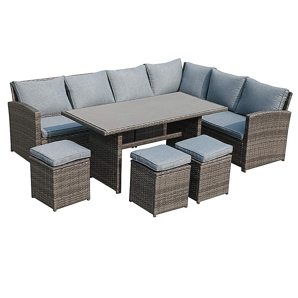 JOIVI Outdoor Patio Furniture Set, 7 Piece Patio Dining Sofa Set, Outdoor Sectional Couch Conversation Set All Weather Wicker Rattan Aluminum Desktop Dining Table & Chair with Ottomans, Gray Cushion JOIVI