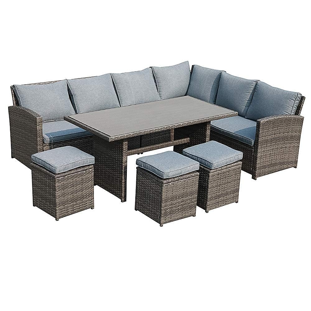 JOIVI Outdoor Patio Furniture Set, 7 Piece Patio Dining Sofa Set, Outdoor Sectional Couch Conversation Set All Weather Wicker Rattan Aluminum Desktop Dining Table & Chair with Ottomans, Gray  - WoodArtSupply