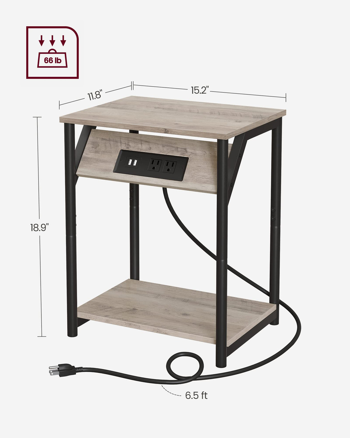 VASAGLE End Table with Charging Station, Set of 2, Small Side Tables for Living Room, Bedroom, Nightstand with Outlets and USB Ports, Bedside Table with Storage Shelf, Heather Greige and Black VASAGLE