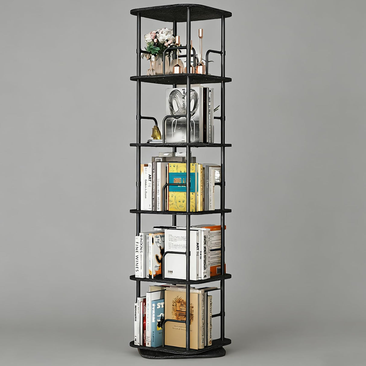 Lauxery 5 Tier Rotating Bookshelf, 360° Spinning Bookshelf Tower,Space Saving Floor Standing Corner Storage Organizer for Small Spaces, Square Revolving Bookcase for Home Office Living Room, Black Lauxery