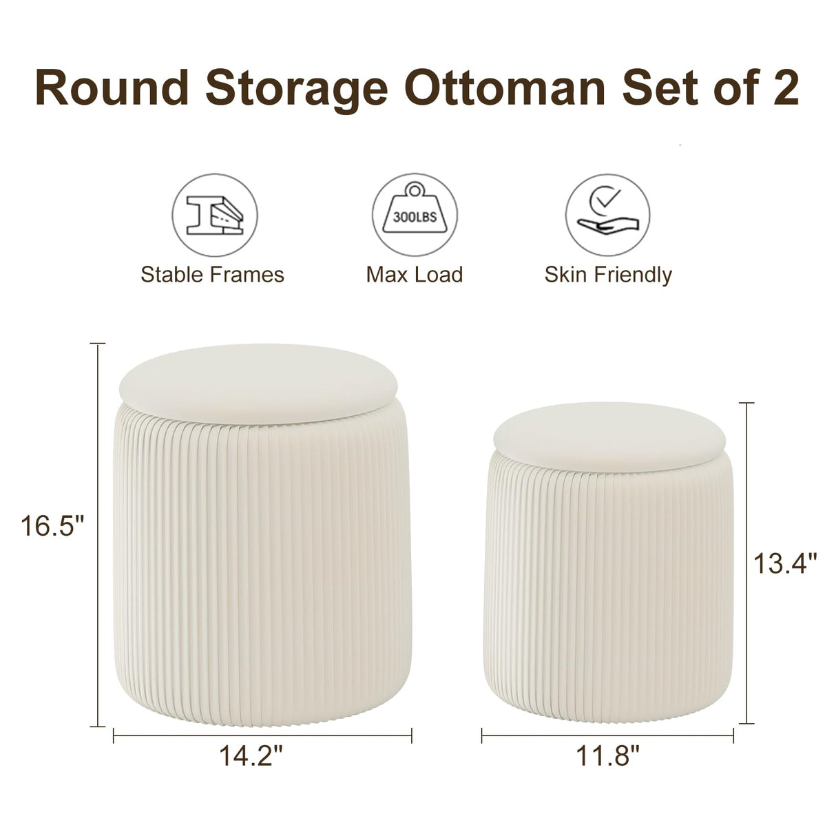 Round Ottoman with Storage Set of 2, White Vanity Stool, Upholstered Velvet Storage Ottomans, Makeup Chair Seat for Bedroom, Small Pouf Footstool for Living Room Recximi