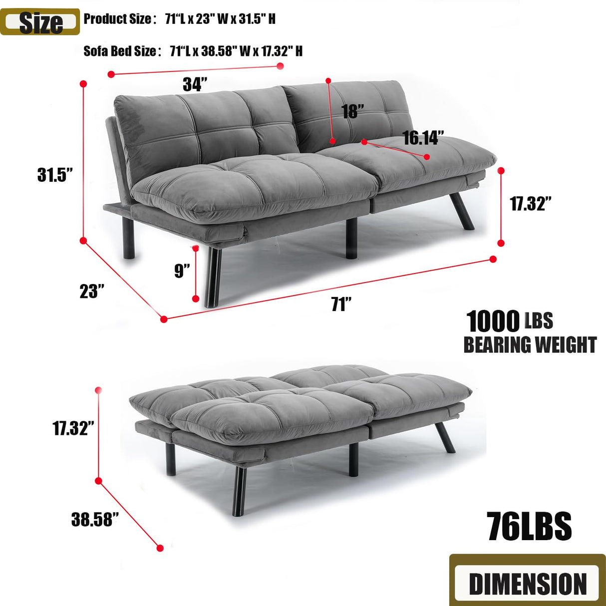Modern Velvet Convertible Folding Futon Couch Sofa Bed Adjustable Pillow Top Arm Memory Foam Couch Double Loveseat Sofa for Compact Living Space,Dorm,Game Studio,Apartment,Bedroom (Light Grey) Klwenas Maec