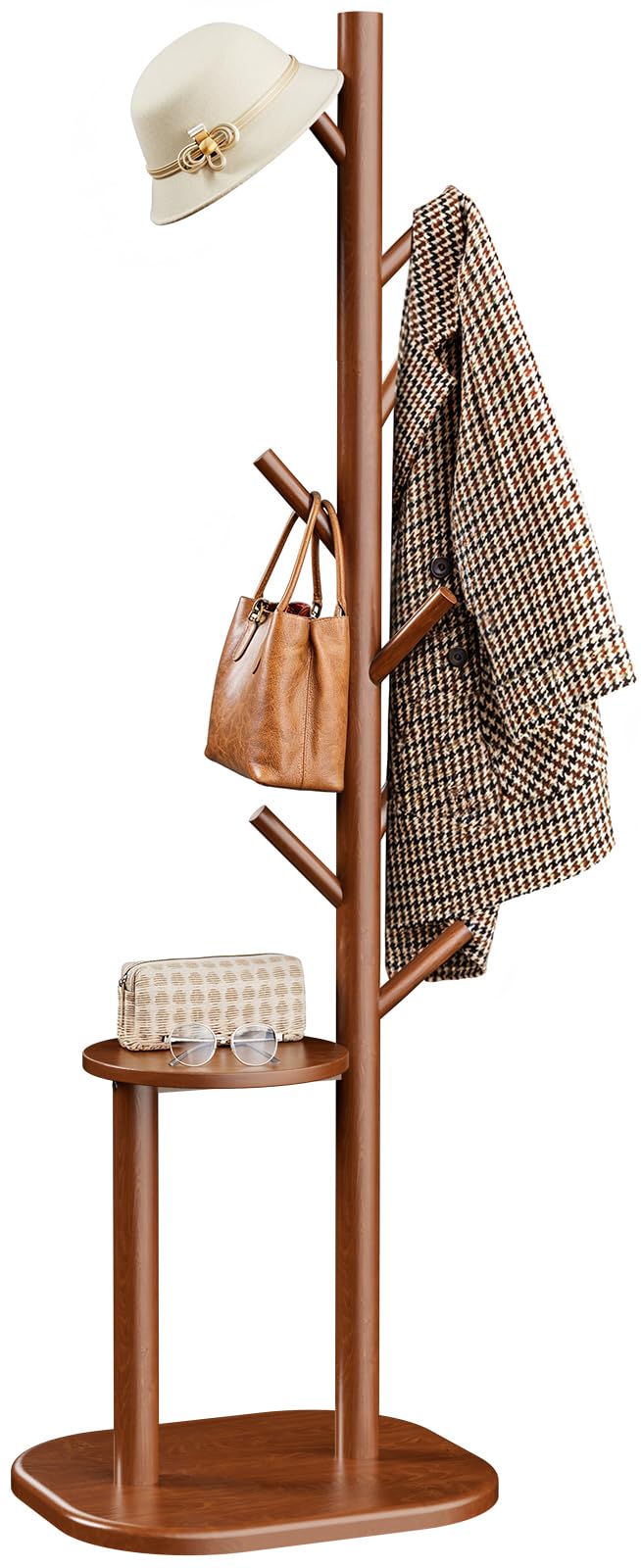 Pipishell Coat Rack, Freestanding Hall Tree with 8 Hooks & Storage Shelf, Solid Wood Base, 66.3″ Tall Coat Rack Stand for Coats, Hats, Bag in Entryway, Bedroom, Living Room, Brown, PIFCR11BN Pipishell