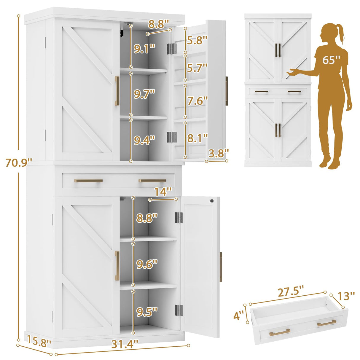 Tall Kitchen Pantry Cabinet with 8 Hanging Shelves, 71” Storage Cabinet with 2 Cabinets, a Large Drawer & Adjustable Shelves, Freestanding Pantry Cabinet for Kitchen, Dining Room, Living Room, White knoworld