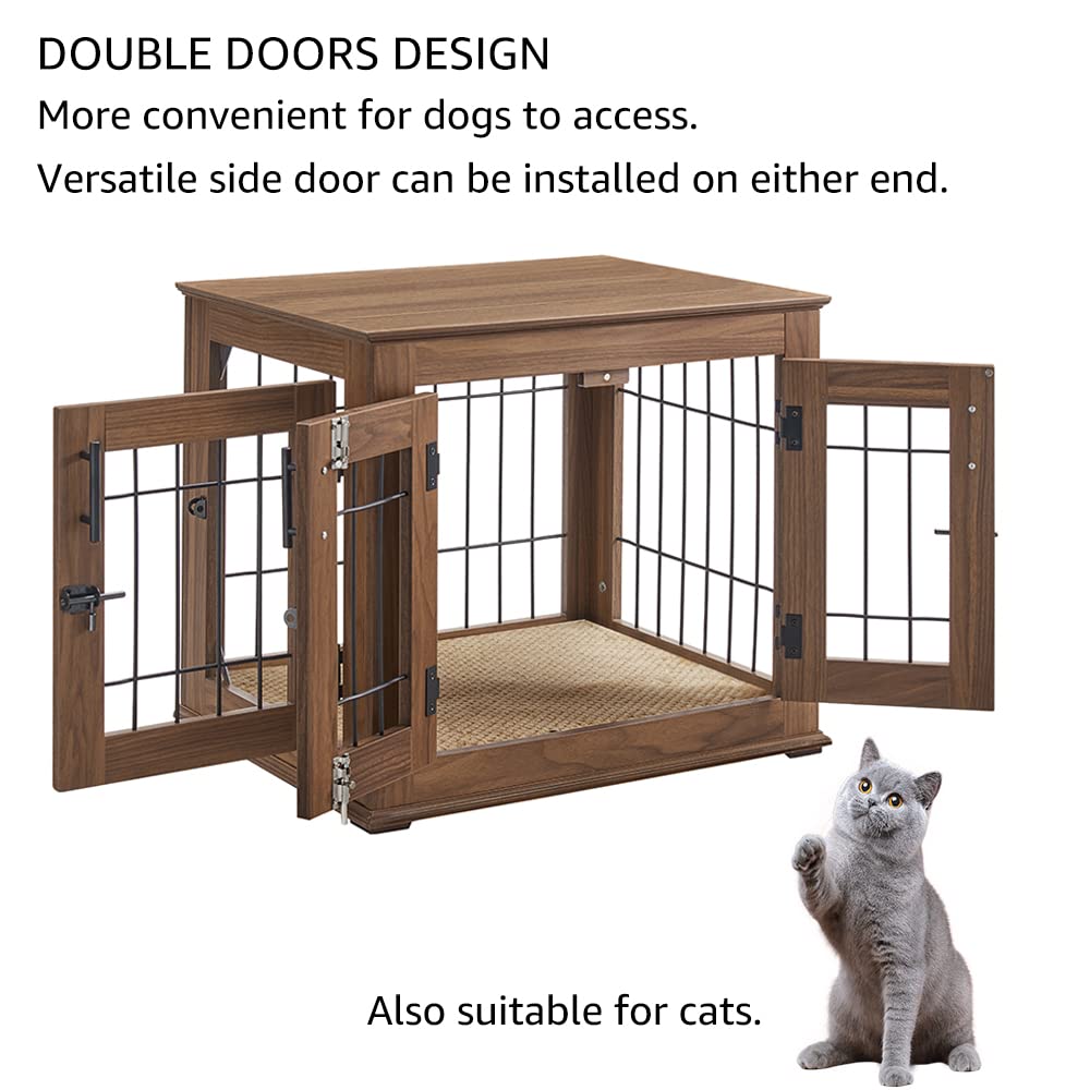beeNbkks Furniture Style Dog Crate End Table, Double Doors Wooden Wire Dog Kennel with Pet Bed, Decorative Pet Crate Dog House Indoor Medium Large beeNbkks