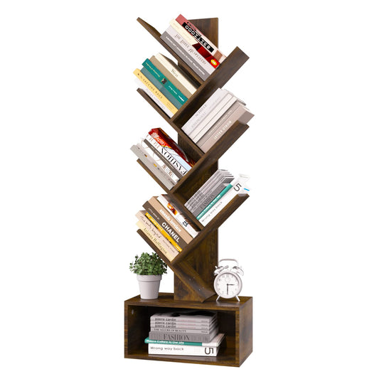 Yoobure Rustic Brown Tree Bookshelf - 6-Shelf Tall Book Storage Rack for Home and Office - WoodArtSupply