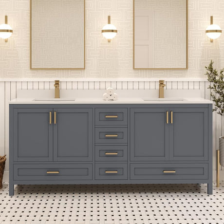 Ayna Decors Rooh 72 in Charcoal Grey Double Sink Bathroom Vanity Set with White Quartz Countertop | 4 Soft Closing Doors | 5 Full Extention Soft Close Drawers | Gold Hardware Ayna Decors
