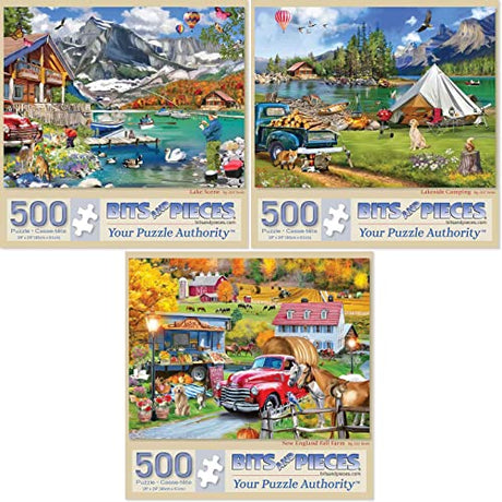 Bits and Pieces Set of 3 Jigsaw Puzzles 500 Pieces - New England Farm Lake Bits and Pieces