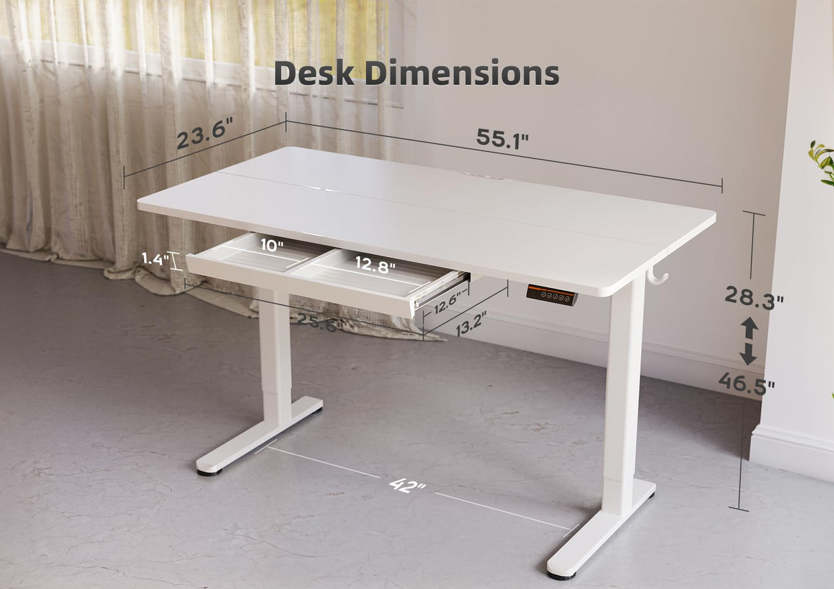 YDN Standing Desk with Drawers, 55 x 24 Inch Electric Adjustable Height Stand Up Desk, Sit Stand Computer Desk for Home Office, White YDN