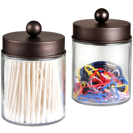 Amolliar Apothecary Jars Bathroom Storage Organizer - Cute Qtip Dispenser Holder Vanity Canister Jar Glass with Lid for Cotton Swabs,Rounds,Bath Salts,Makeup Sponges,Hair Accessories/Bronze (2 Pack) Amolliar