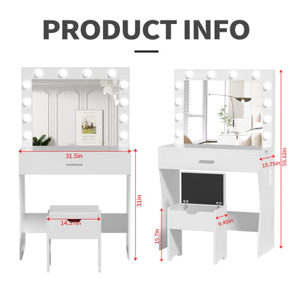 Titoni Vanity Table Set with Lighted Mirror - Makeup Vanity with Charging Station, Large Drawer Sturdy Wood Vanity with Lights, 3 Color Modes, Adjustable Brightness, White - WoodArtSupply