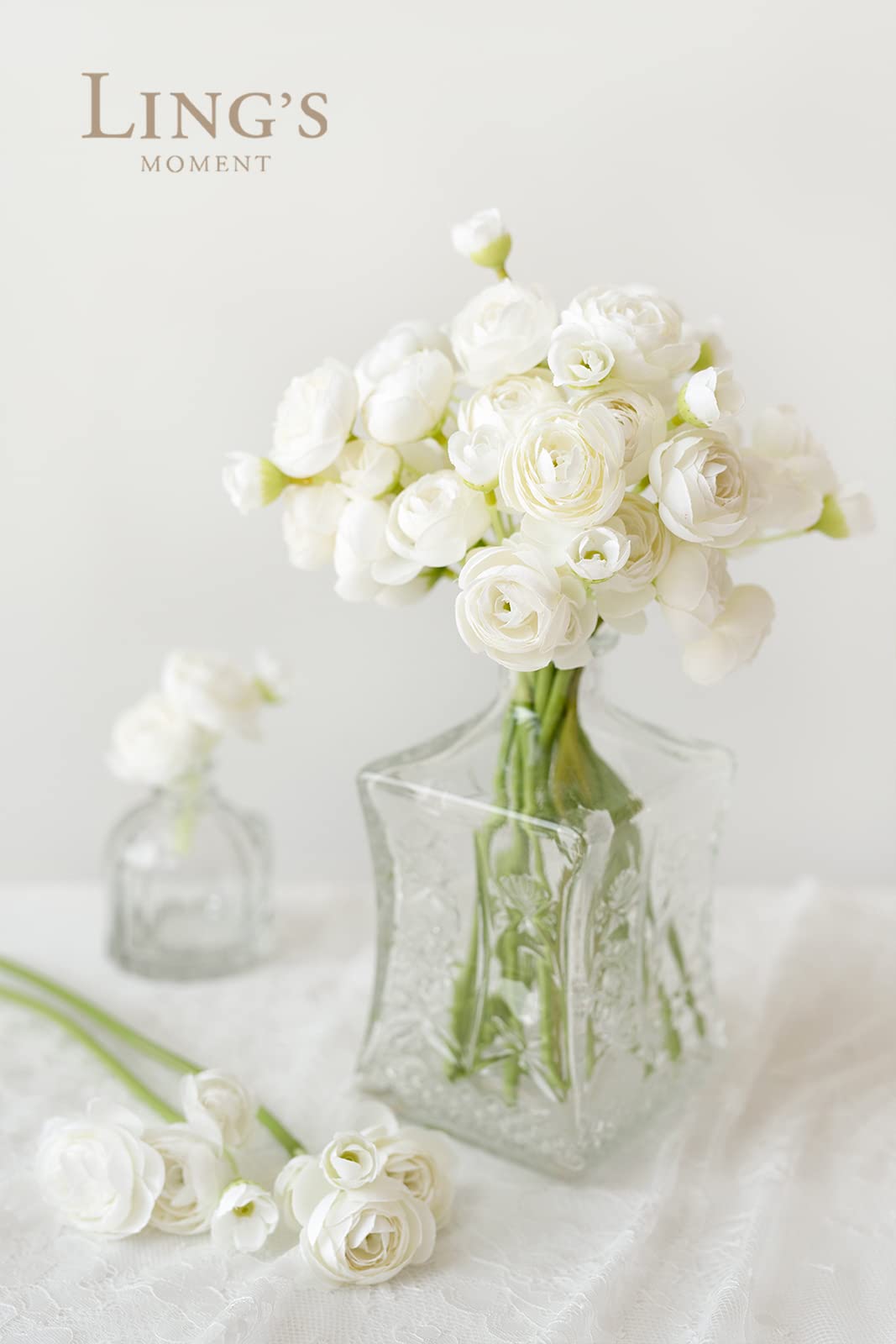 Ling's Moment Ranunculus Artificial Flower, Faux Silk Mini Ranunculus Flowers for DIY Bouquet, Bulk Fake Wedding Filler Flowers for Centerpieces Arrangements Bridal Shower Decorations, Ivory White Ling's Moment