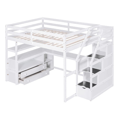 Harper & Bright Designs White Full Loft Bed with Staircase, Desk, and Storage Drawers for Kids and Teens - WoodArtSupply