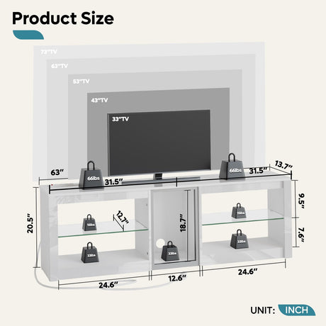 Bestier High Gloss TV Stand for 70 inch TV with Power Outlets, LED Entertainment Center for PS5, Gaming TV Consoles with Glass Shelves for Living Room, 63'' Inch, Bright White Bestier