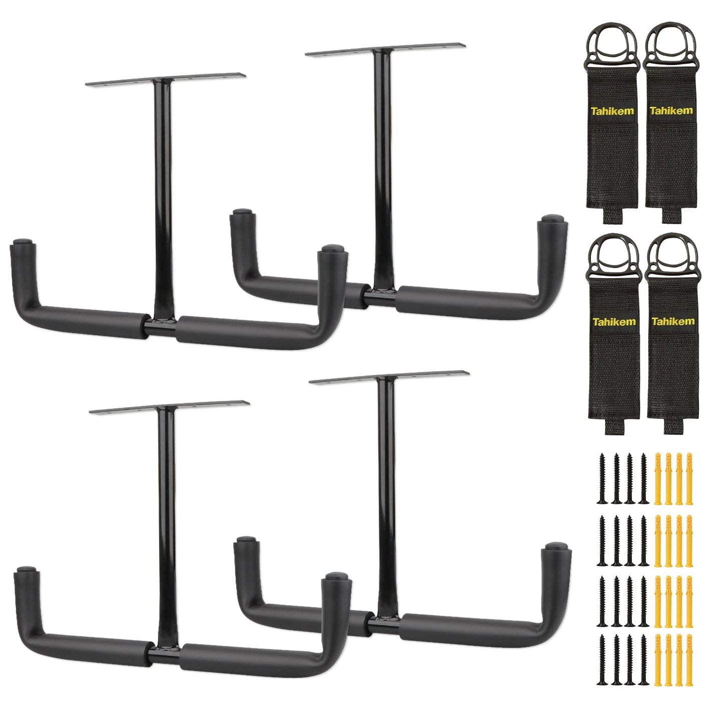 Tahikem 4 Set Overhead Garage Storage Rack, Heavy Duty Overhead Storage Double Hook, Ceiling Mount Hanger Safe Racks Hooks, Hanging for Lumber Ladder Storage & Other Bulky Items (Pack of 4 - Black)