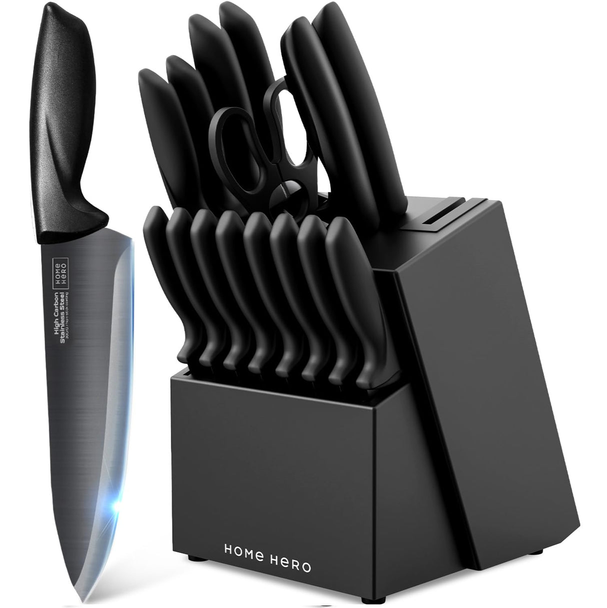 Home Hero Kitchen Knife Set with Sharpener - High Carbon Stainless Steel Knife Block Set with Ergonomic Handles (16 Pcs - Black) Home Hero
