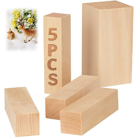 5 Pcs Basswood Carving Block, Natural Soft Wood Carving Block, 2 Sizes Portable Unfinished Wood Block, Carving Whittling Art Supplies for Beginner Expert DIY Wood Craft Fyrome