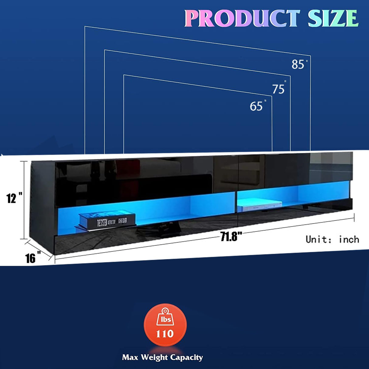 wuleen Floating LED TV Stand, 71'' Wall Mounted Entertainment Center with Storage and LED Light Socket Board, Modern High Gloss TV Stand Fits Up to 80 Inch TV, led Floating Shelf wuleen