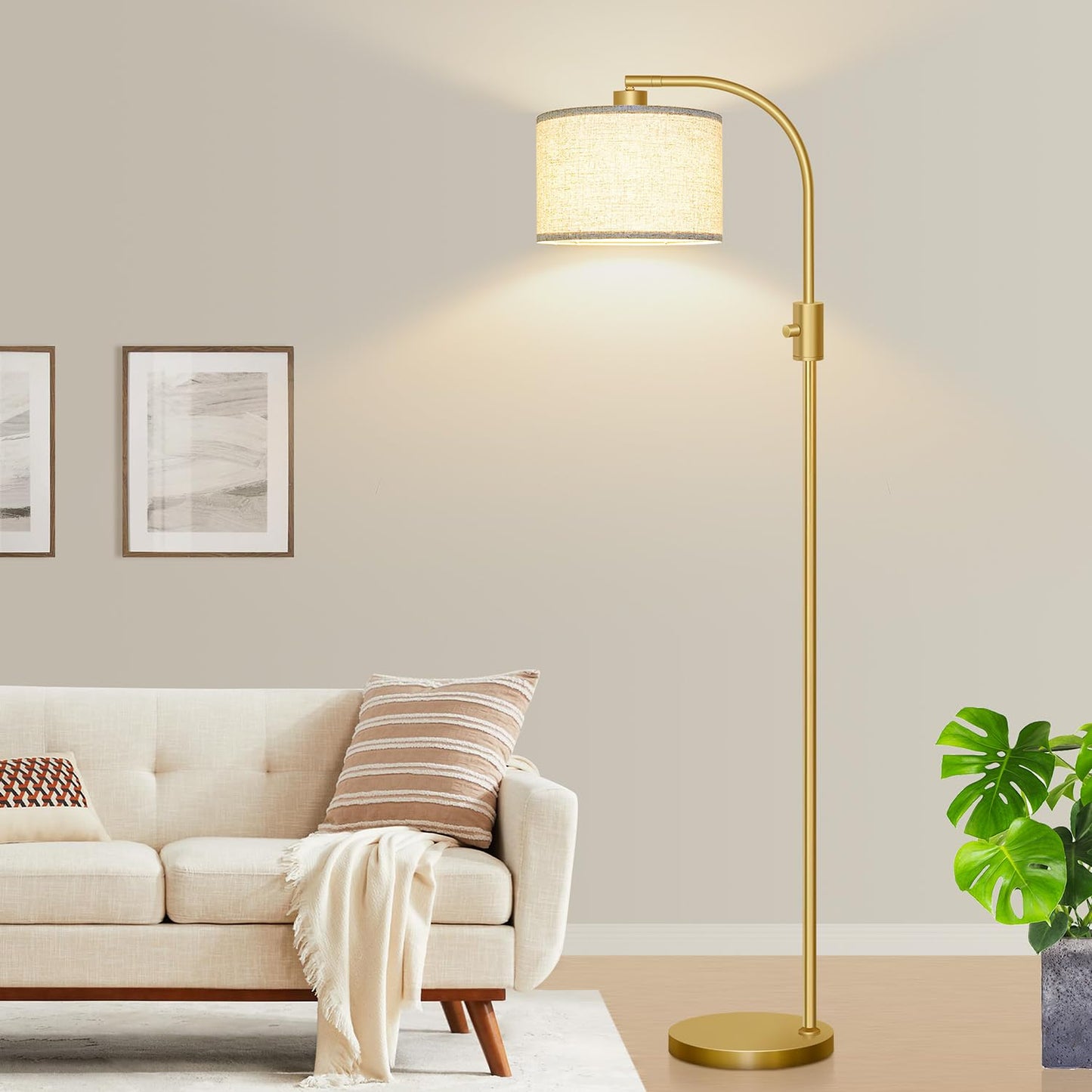 【Upgraded】 Dimmable Gold Floor Lamp, 1200 Lumens LED Bulb Included, Arc Floor Lamps for Living Room Modern Standing Lamp with Linen Shade, Tall Lamp for Living Room Bedroom Office Reading Room Nursery