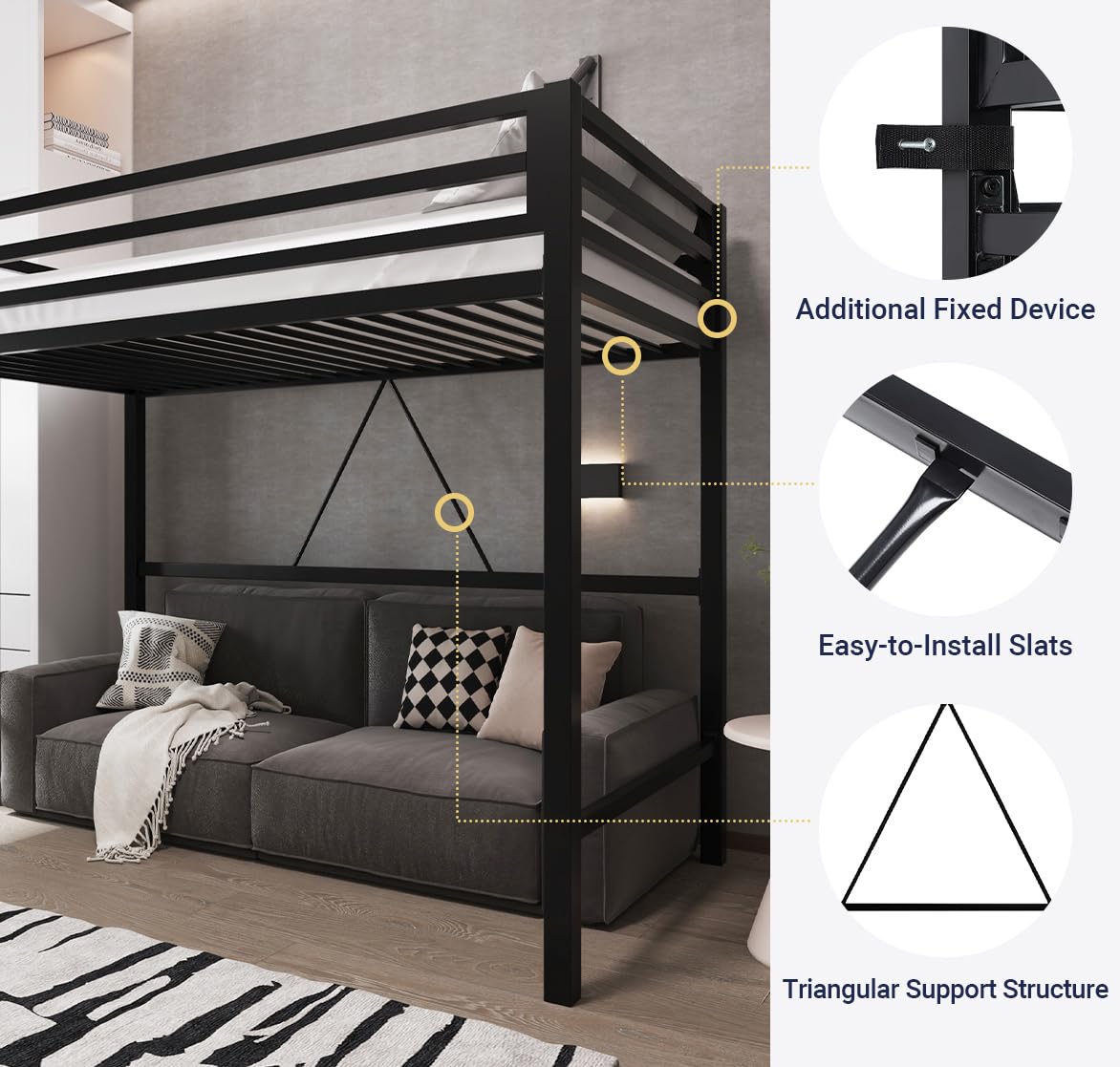 Allewie Metal Loft Bed Twin Size with Guardrail and Ladder, Small Space Saving Design for Bedroom Kid Room and Dorm, No Box Spring Needed, Black Allewie