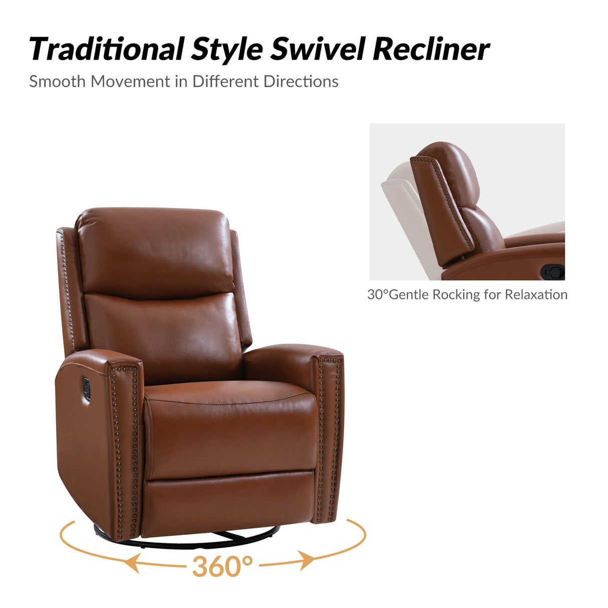 HULALA HOME Genuine Leather Swivel Rocker Recliner, Manual Glider Recliner Chair with Adjustable Backrest & Footrest, Modern Home Theater Sofa Armchair for Living Room Bedroom, Brown HULALA HOME