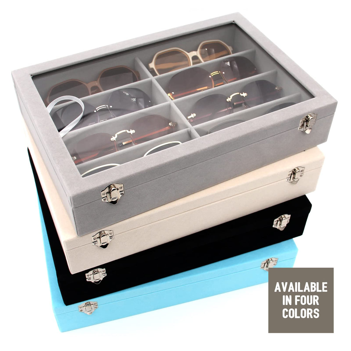 KLOUD City Luxury Sunglasses Organizer - 8 Slot Velvet Jewelry Storage Case with Clear Glass Lid | Dustproof, Scratch-Resistant Display for Glasses & Watches | Elegant Gift Box (14"x9.5") KLOUD City
