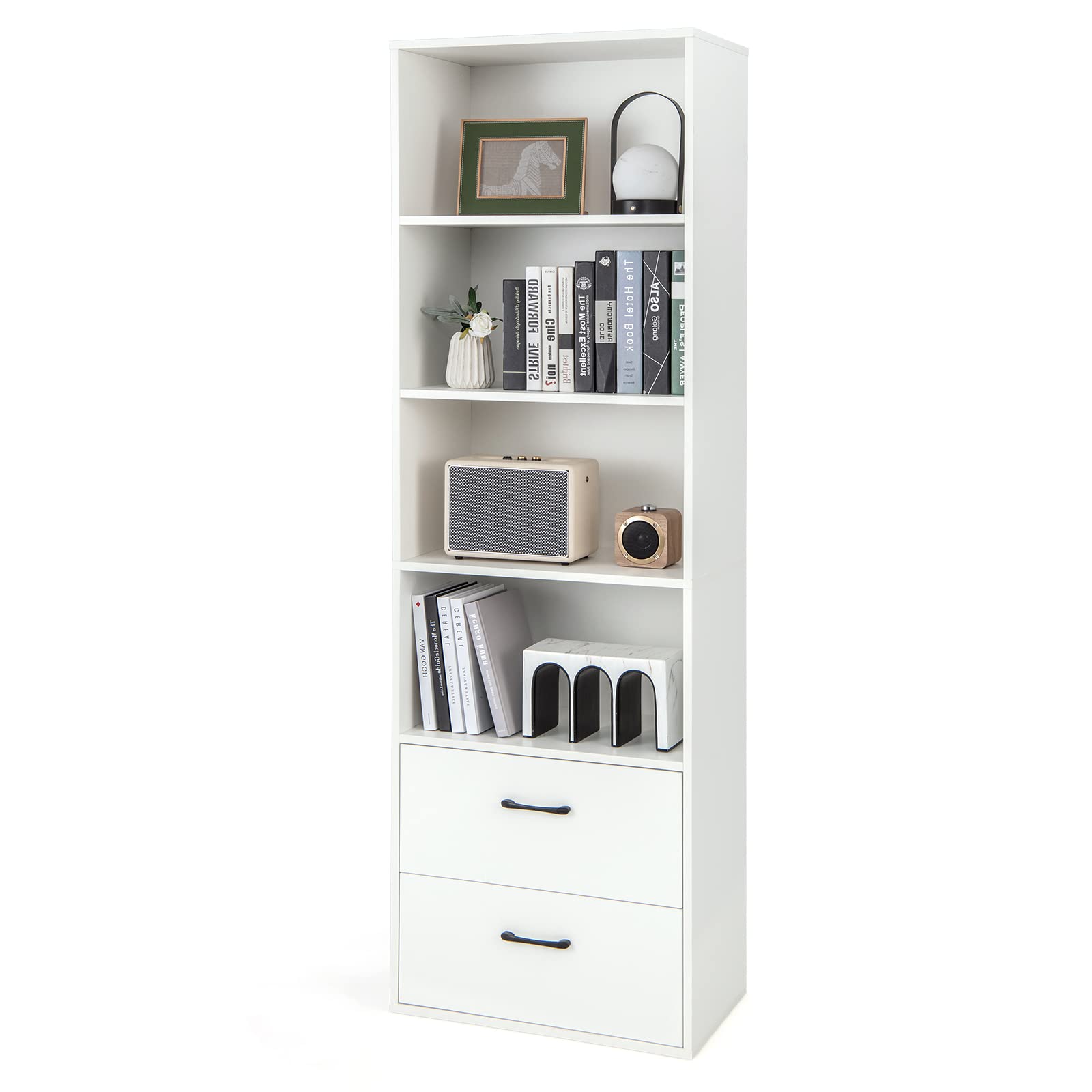 LOKO Modern 74-Inch Tall Bookcase with 2 Drawers & 4 Open Shelves in White - WoodArtSupply