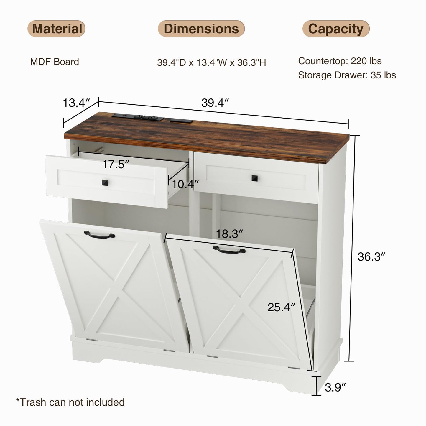 Double Tilt Out Trash Can Cabinet, 20 Gallon Hidden Trash Can Cabinet with Deodorizing Function, Farmhouse Wooden Garbage Trash Bin Cabinet and Drawer for Kitchen Living Room, White - WoodArtSupply