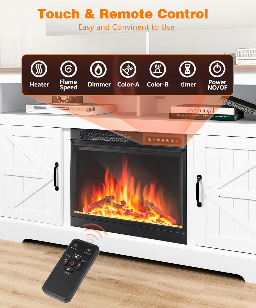 Cowsar 60" Fireplace TV Stand Mantel Wood Surround Firebox, Freestanding Fireplace Heater, Adjustable Led Flame, Remote Control, 750W-1500W, White