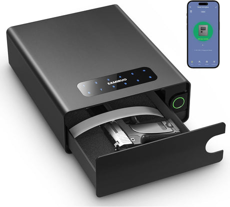 EAMIRUO Small Handgun Safe for Pistol Unlock with Fingerprint/Keypad/Key/App, Slide-Away Gun Lock Box Biometric Pistol Safe for Nightstand Bedside (Black) EAMIRUO
