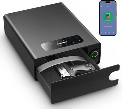EAMIRUO Small Handgun Safe for Pistol Unlock with Fingerprint/Keypad/Key/App, Slide-Away Gun Lock Box Biometric Pistol Safe for Nightstand Bedside (Black)