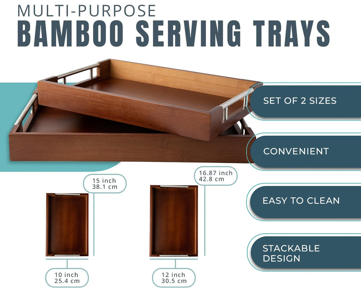 Set of 2 Decorative Serving Trays - Bamboo + Silver Stainless Steel Handles - Coffee Table or Ottoman Tray for Breakfast in Bed Jewelry, Decor Organization - 12"x17" - Stained Brown Finish Comfify