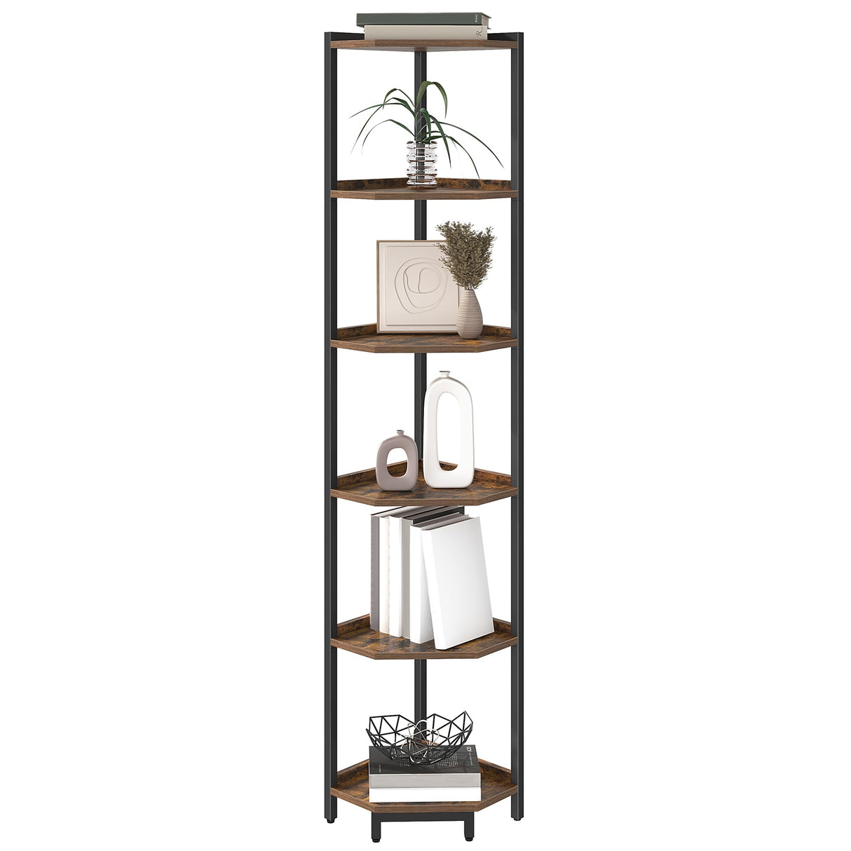 Hzuaneri Corner Shelf Stand, Corner Bookshelf, Storage Standing Shelf Unit with Metal Frame, Plant Stand, Corner Bookcase for Living Room, Home Office, Bedroom, 6-Tier Rustic Brown CS06001B Hzuaneri