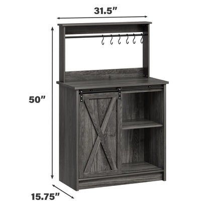 4ever2buy Farmhouse Coffee Bar Cabinet with Storage, Gray Coffee Bar with 6 Hooks, Coffee Bar Table with Sliding Barn Door, Wine Bar Cabinet with Adjustable Shelf for Living Dining Room