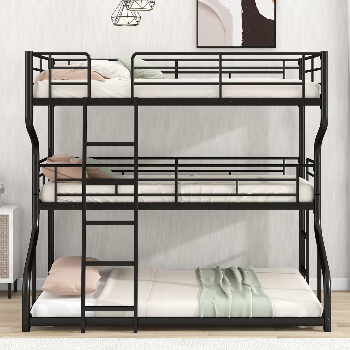 JIJIWANG Full XL Over Twin XL Over Queen Size Triple Bunk Bed with Long and Short Ladder, Unique Curved Metal Frame with Safety Guardrail, Industrial Style Triple Bunk Bed Frame, Black