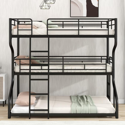 JIJIWANG Full XL Over Twin XL Over Queen Size Triple Bunk Bed with Long and Short Ladder, Unique Curved Metal Frame with Safety Guardrail, Industrial Style Triple Bunk Bed Frame, Black