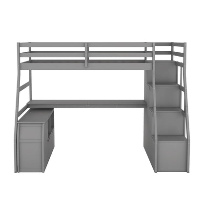 Twin Loft Bed with Storage Stairs and Desk - Bellemave Grey Wood Frame for Kids and Teens