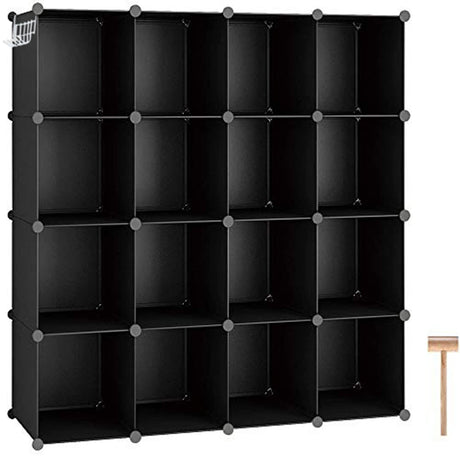 C&AHOME Cube Storage Organizer, 16-Cube Shelves Units, Plastic Storage Cubes, DIY Closet Organizer, Modular Closet Storage Shelves Ideal for Home, Bedroom, 48.4" L × 12.4" W × 48.4" H Black SUM3016H C&AHOME