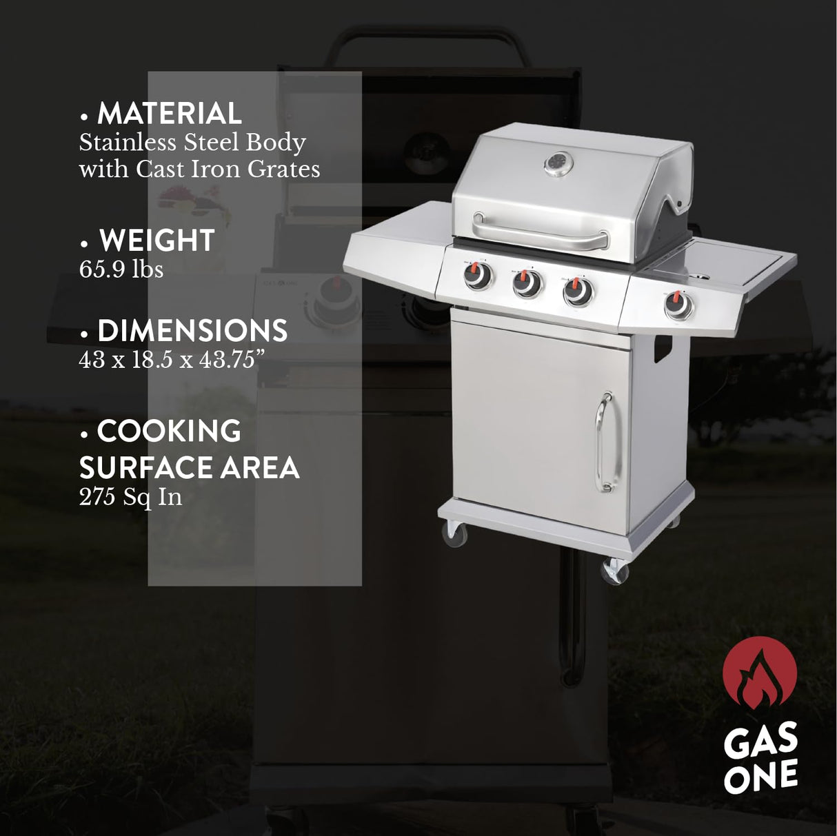 GasOne Deluxe 3+1 Burner Stainless Steel– Outdoor Cabinet Style with Side Burner - Wheels - High-Temperature Paint Coating Gas BBQ Grill – Elegant and Luxurious Design Gas One